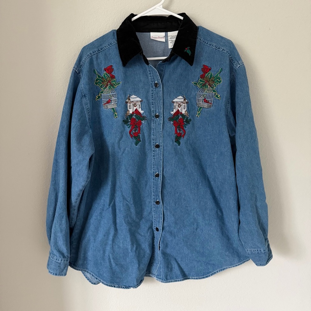 Vintage Brooks Denim Shirt with Black Collar and Red Green Embroidery